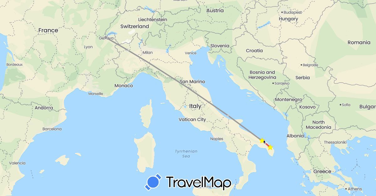 TravelMap itinerary: driving, plane, hiking in Switzerland, Italy (Europe)